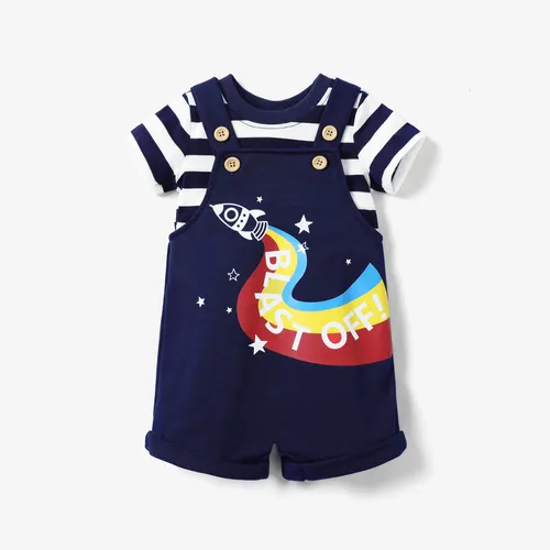 Baby Boy 2pcs Striped Tee and Rocket Print Overalls Set 