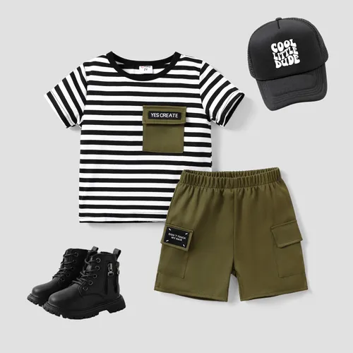 2pcs Toddlers/Kid Boys' Oversized Stripe Workwear Short Sleeve Top and Pants Set 