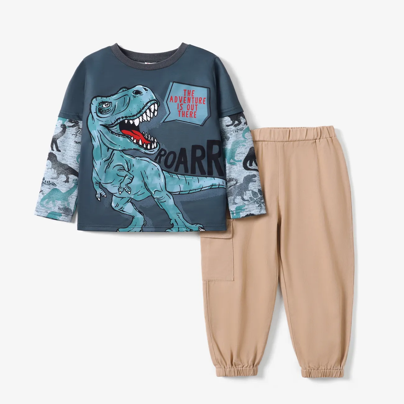 Kid Boy 2pcs Dino Print Long-sleeve Tee and Cargo Pants Set Khaki big image 1