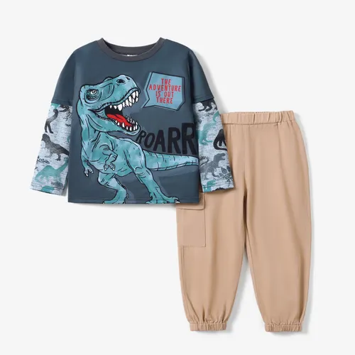 Kid Boy 2pcs Dino Print T-shirt à manches longues et pantalon cargo