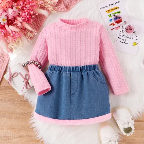 2pcs Baby Girl Sweet Solid color Stand collar Tshirt and Denim Fuzzy edge Skirt Set