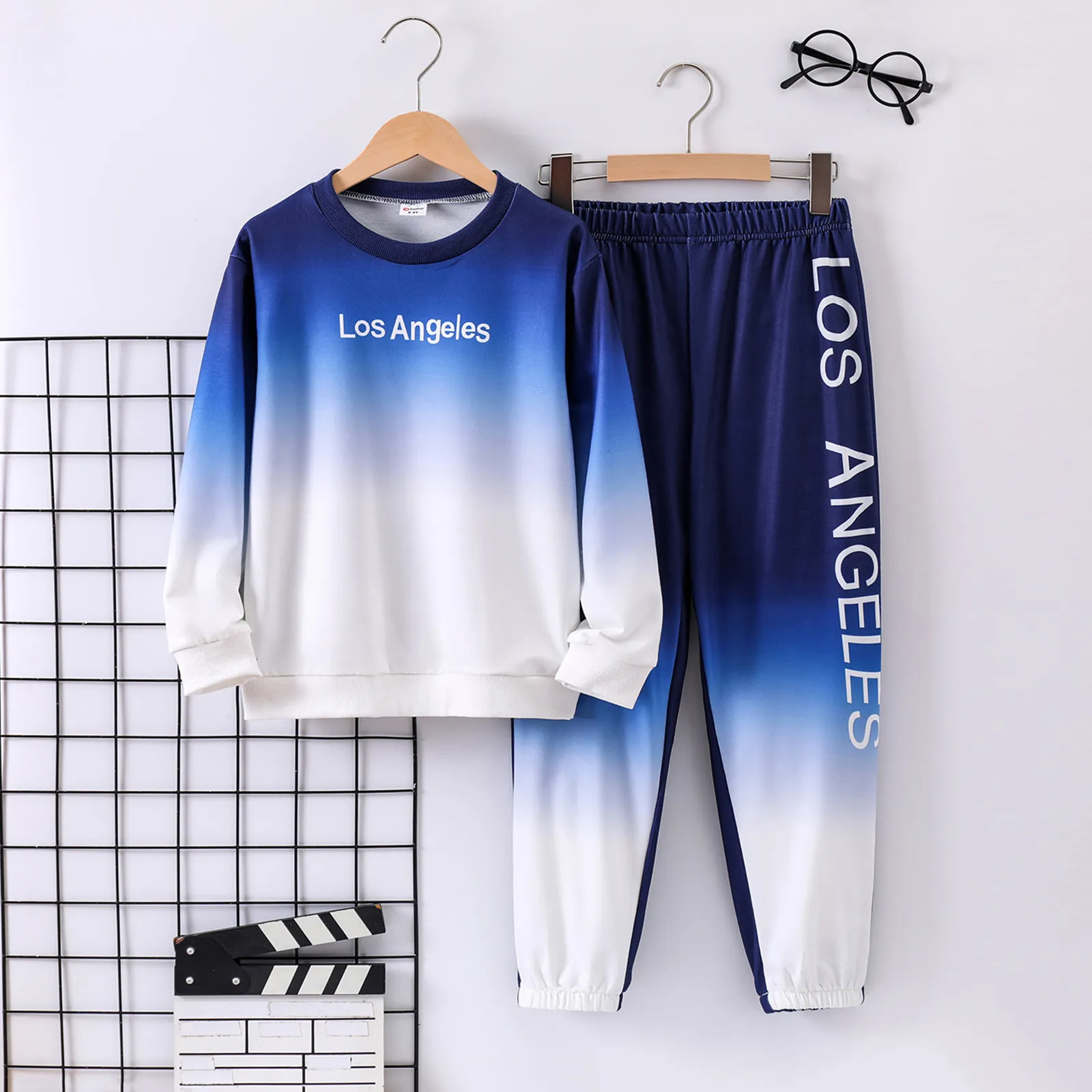 2pcs Kid Boy Gradient Blue Color Letter Casual Set
