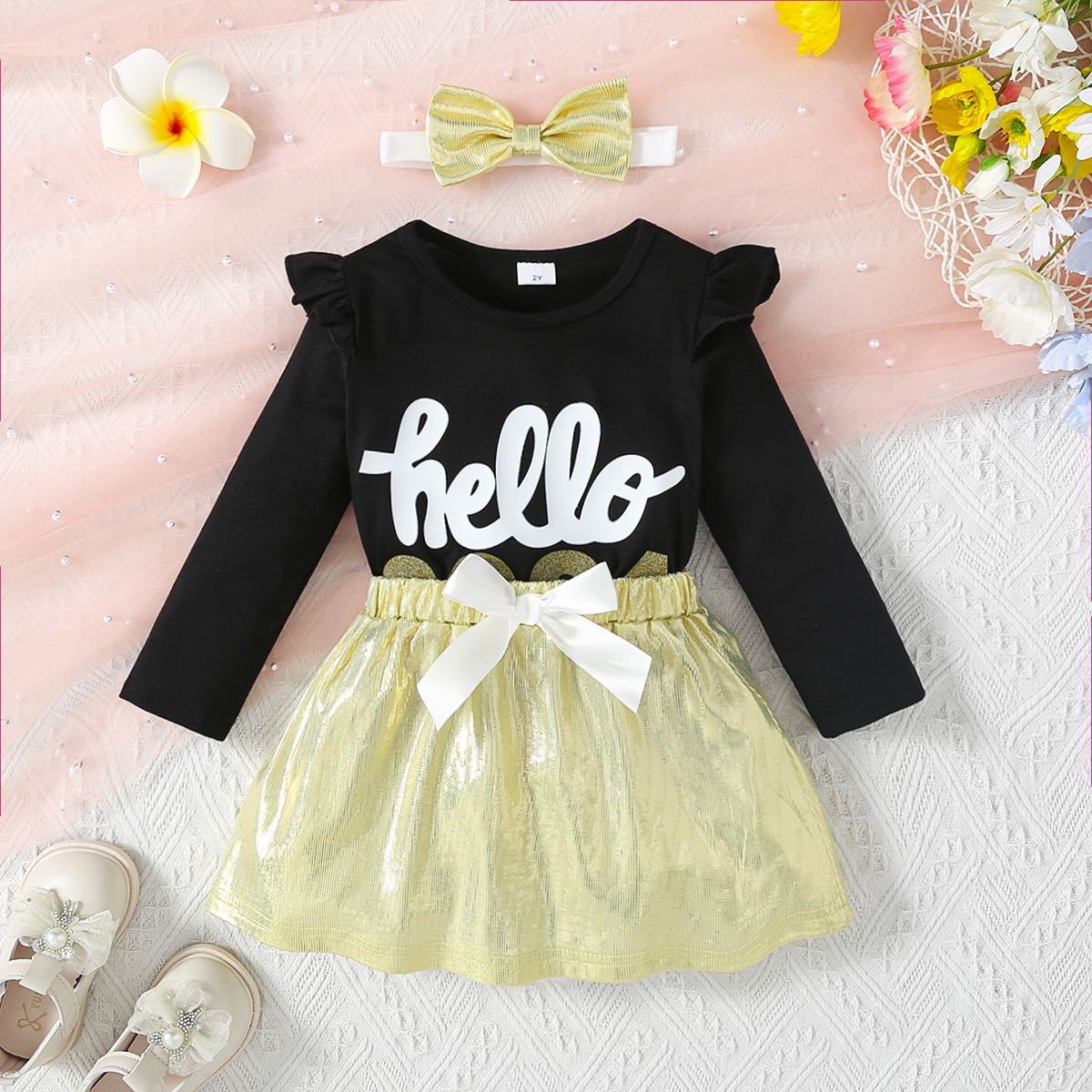 3pcs Toddler Girl's Sweet Flutter Sleeve Letter Pattern Dress Set With Headband