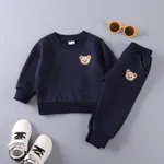 2pcs Kid Girl/Boy Solid Bear Pattern Sweatshirt Set Dark Blue