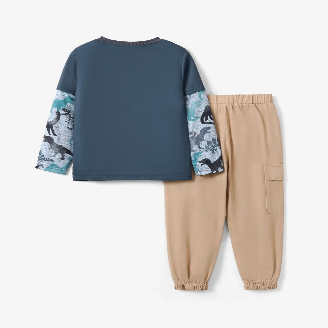 Kid Boy 2pcs Dino Print Long-sleeve Tee and Cargo Pants Set Khaki big image 1