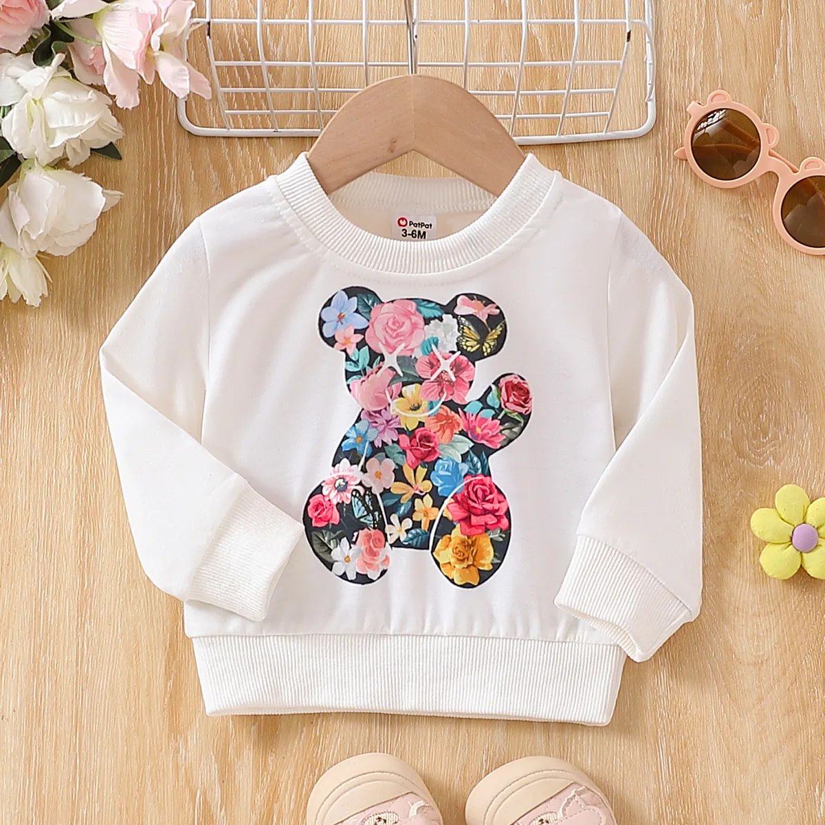 Baby Girl's Sweet Bear Animal Floral Pattern Pullover White big image 1