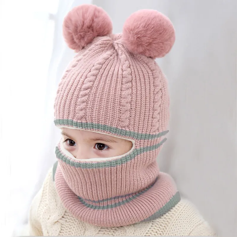 Toddler Winter Knitted Woolen Beanie One-piece Hair Ball(Random decorative balls) Pink big image 1