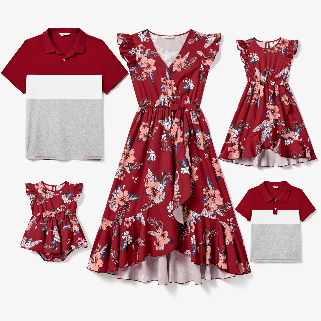 Family Matching Colorblock Polo Shirt and Floral Ruffle Hem Wrap Dress Sets WineRed big image 1