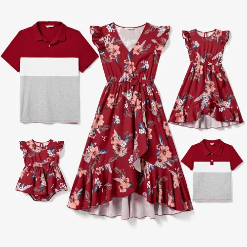 Family Matching Colorblock Polo Shirt and Floral Ruffle Hem Wrap Dress Sets
