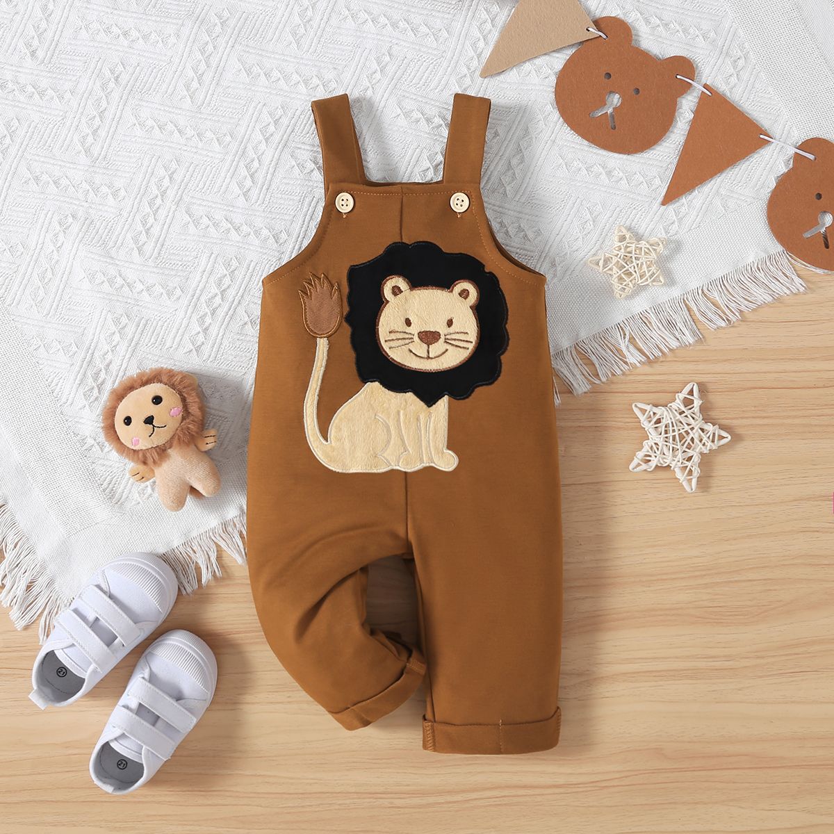 Baby Girl/Boy Childlike Lion Pattern Embroidery Overall Pants