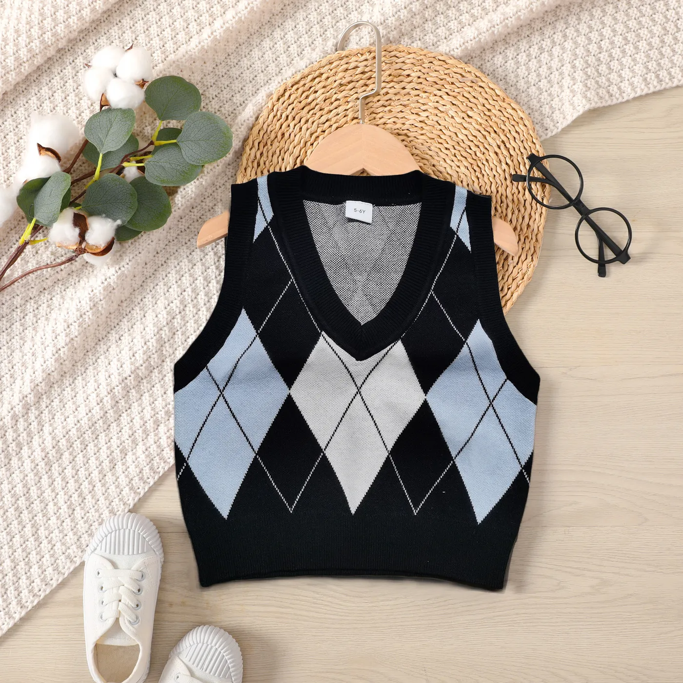 Kid Girl Diamond Pattern Knit Sweater Vest Blue