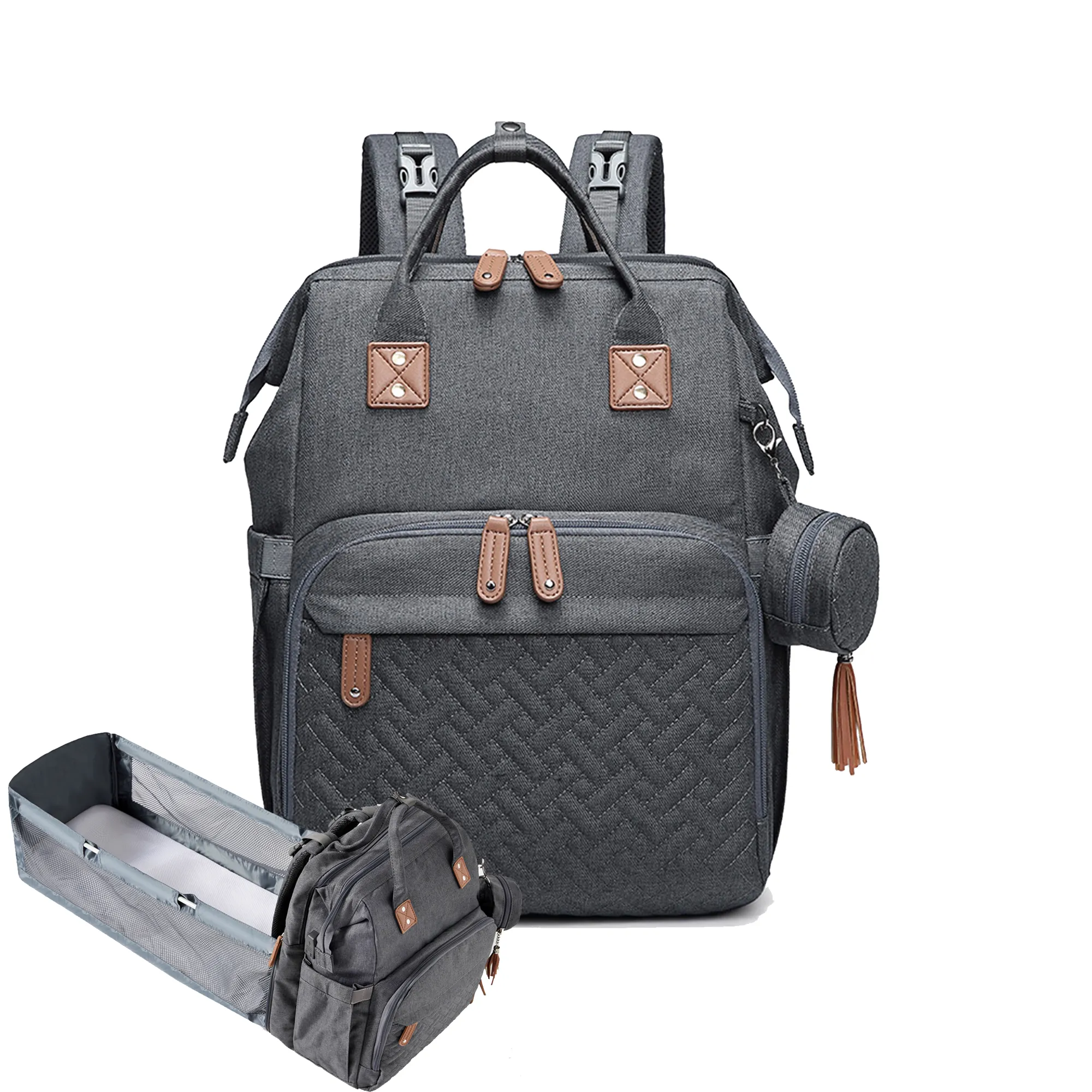 Folding Bed Diaper Bag Backpack Portable Large Capacity Maternity Mommy Bag with Detachable Pacifier Bag and Diapers Changing Pad