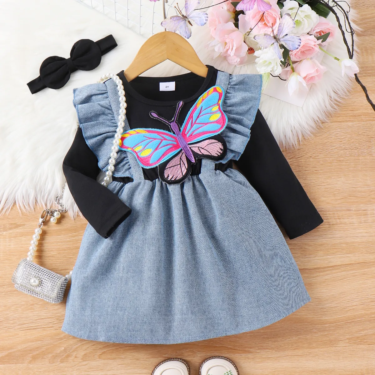 2pcs Toddler Girls Flutter design 3D Butterfly Animal design Denim Dress with Headband