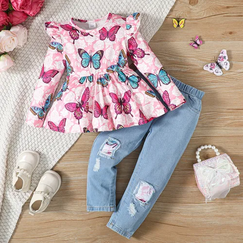 Toddler Girl Childlike Butterfly Animal Print Flutter Sleeve Top and Jeans Set