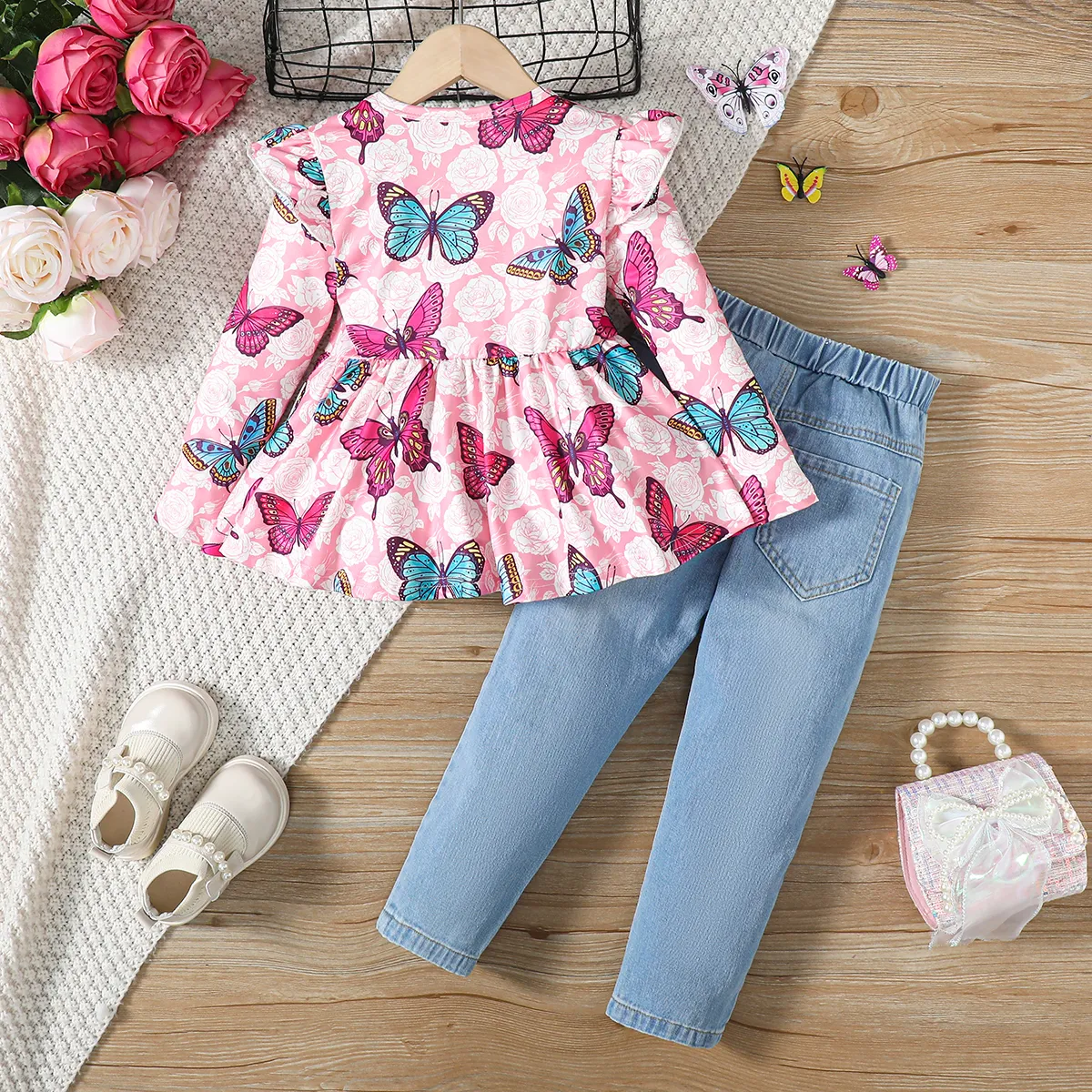 Toddler Girl Childlike Butterfly Animal Print Flutter Sleeve Top and Jeans Set Pink big image 1
