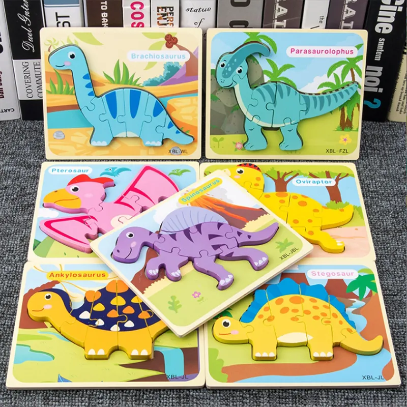 3D Wooden Dinosaur Puzzle with Buckle Design, Cartoon Puzzle for Early Education Turquoise big image 1