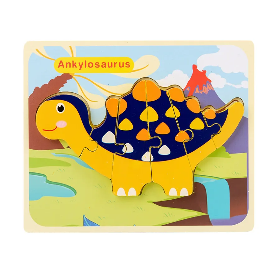 Rompecabezas de dinosaurios de madera en 3D con diseño de hebilla, rompecabezas de dibujos animados para la educación temprana Azul marino