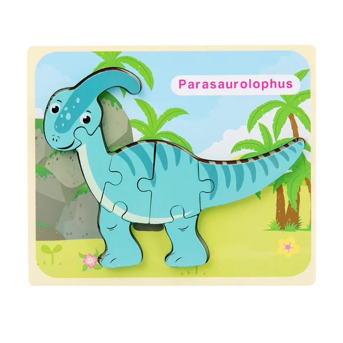 3D Wooden Dinosaur Puzzle with Buckle Design, Cartoon Puzzle for Early Education