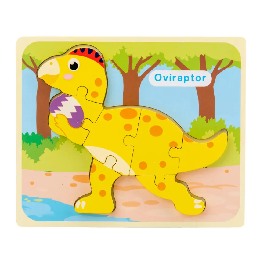 Rompecabezas de dinosaurios de madera en 3D con diseño de hebilla, rompecabezas de dibujos animados para la educación temprana Amarillo pálido