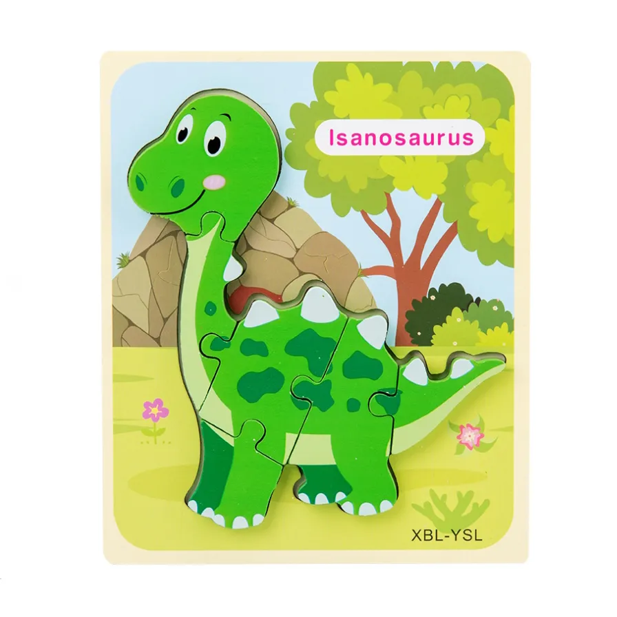 Rompecabezas de dinosaurios de madera en 3D con diseño de hebilla, rompecabezas de dibujos animados para la educación temprana Verde