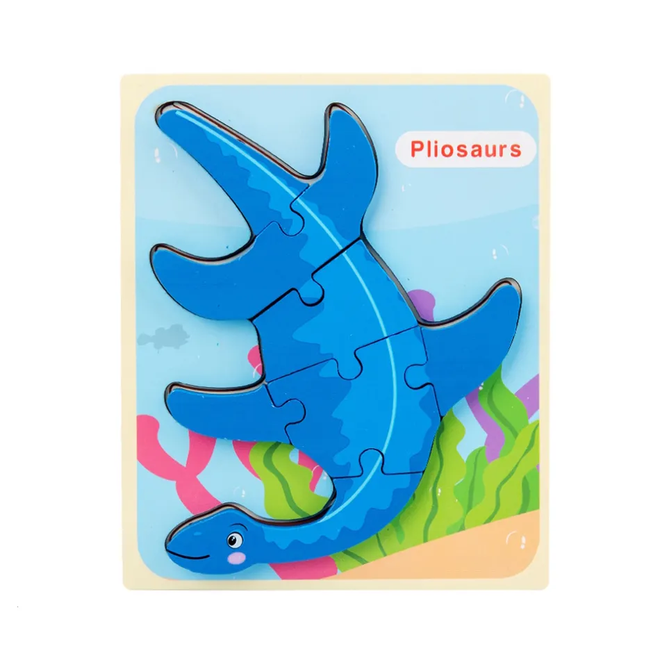 Quebra-cabeça de dinossauro de madeira 3D com design de fivela, quebra-cabeça dos desenhos animados para a educação infantil Azul big image 1