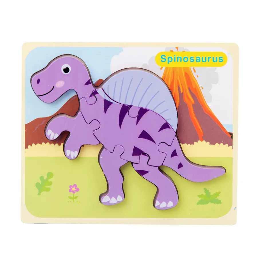 Rompecabezas de dinosaurios de madera en 3D con diseño de hebilla, rompecabezas de dibujos animados para la educación temprana Púrpura