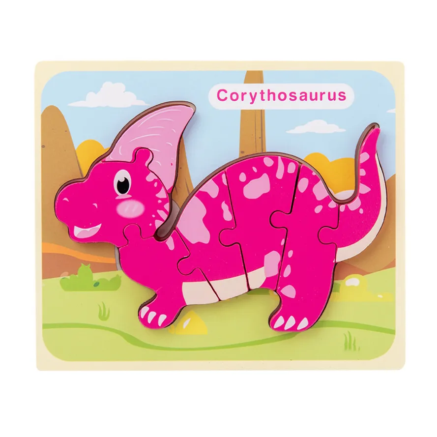 Rompecabezas de dinosaurios de madera en 3D con diseño de hebilla, rompecabezas de dibujos animados para la educación temprana Rosa rosa