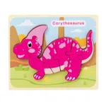 Rompecabezas de dinosaurios de madera en 3D con diseño de hebilla, rompecabezas de dibujos animados para la educación temprana rosado