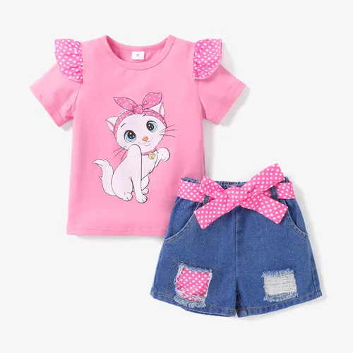2pcs Kleinkindmädchen kindliches Katzenmuster Flatterärmel T-Shirt und Jeansshorts Set