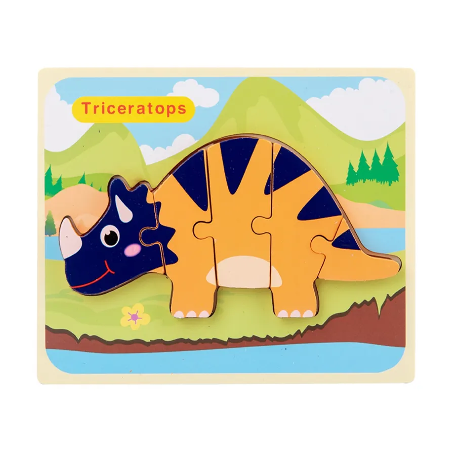 Rompecabezas de dinosaurios de madera en 3D con diseño de hebilla, rompecabezas de dibujos animados para la educación temprana Azul real