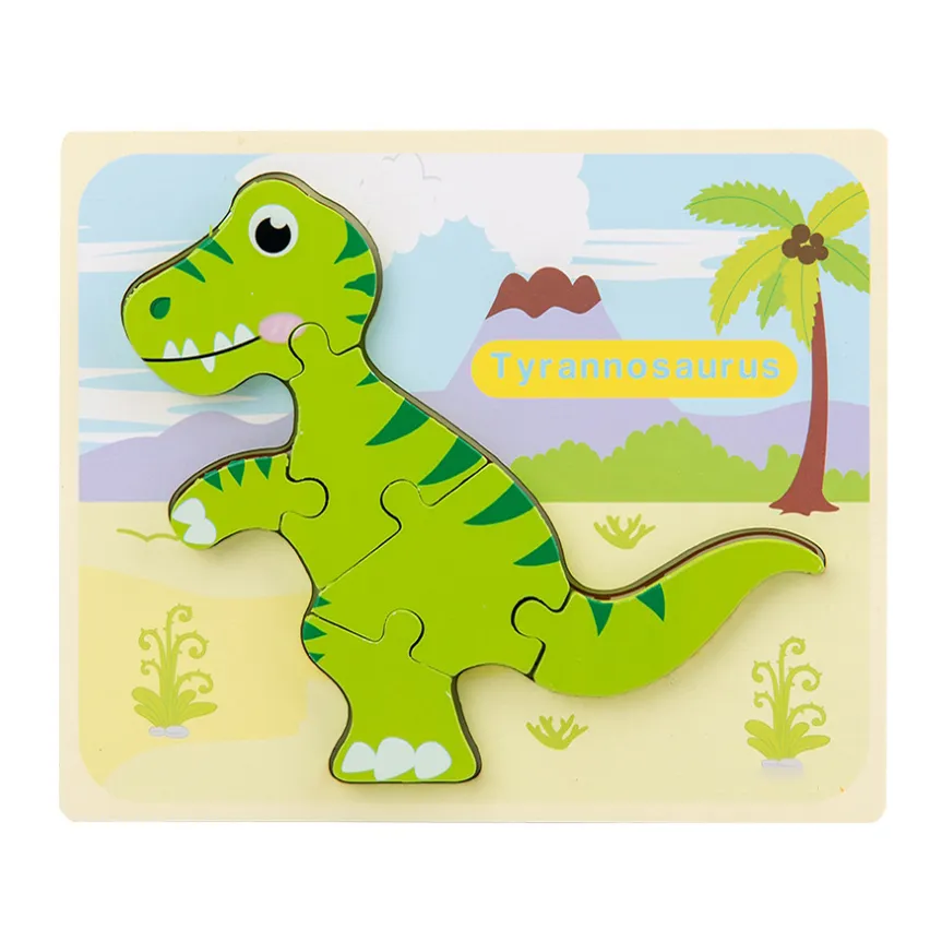 Rompecabezas de dinosaurios de madera en 3D con diseño de hebilla, rompecabezas de dibujos animados para la educación temprana Verde claro