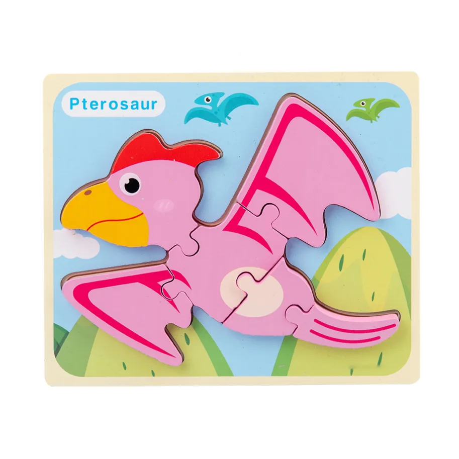 Rompecabezas de dinosaurios de madera en 3D con diseño de hebilla, rompecabezas de dibujos animados para la educación temprana Rosado