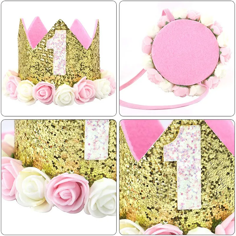 

Baby Girl 1st Birthday Party Crown and Decoration Prop in Pink: Crown, Happy Birthday Banner, and Cake Topper Set