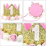 Corona de la fiesta del 1er cumpleaños de la niña y accesorio de decoración en rosa: corona, pancarta de feliz cumpleaños y conjunto de adornos para pasteles Color-B