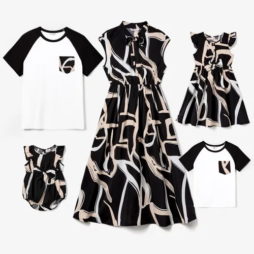 Family Matching Black Raglan-Sleeve T-Shirts and Floral Contrast Collar Sleeveless Dresses Set 