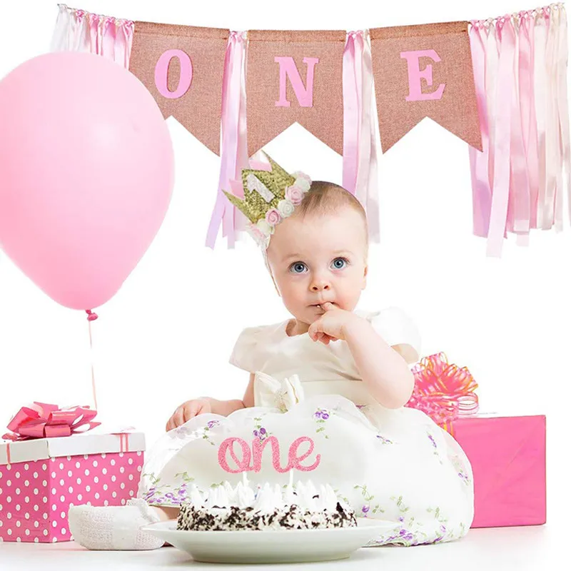 Corona de la fiesta del 1er cumpleaños de la niña y accesorio de decoración en rosa: corona, pancarta de feliz cumpleaños y conjunto de adornos para pasteles Color-A big image 1