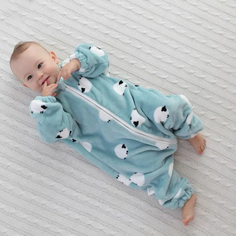 One-Piece Baby Flannel Romper with Detachable Legs for Kick-Proof Sleeping Light Blue image 2