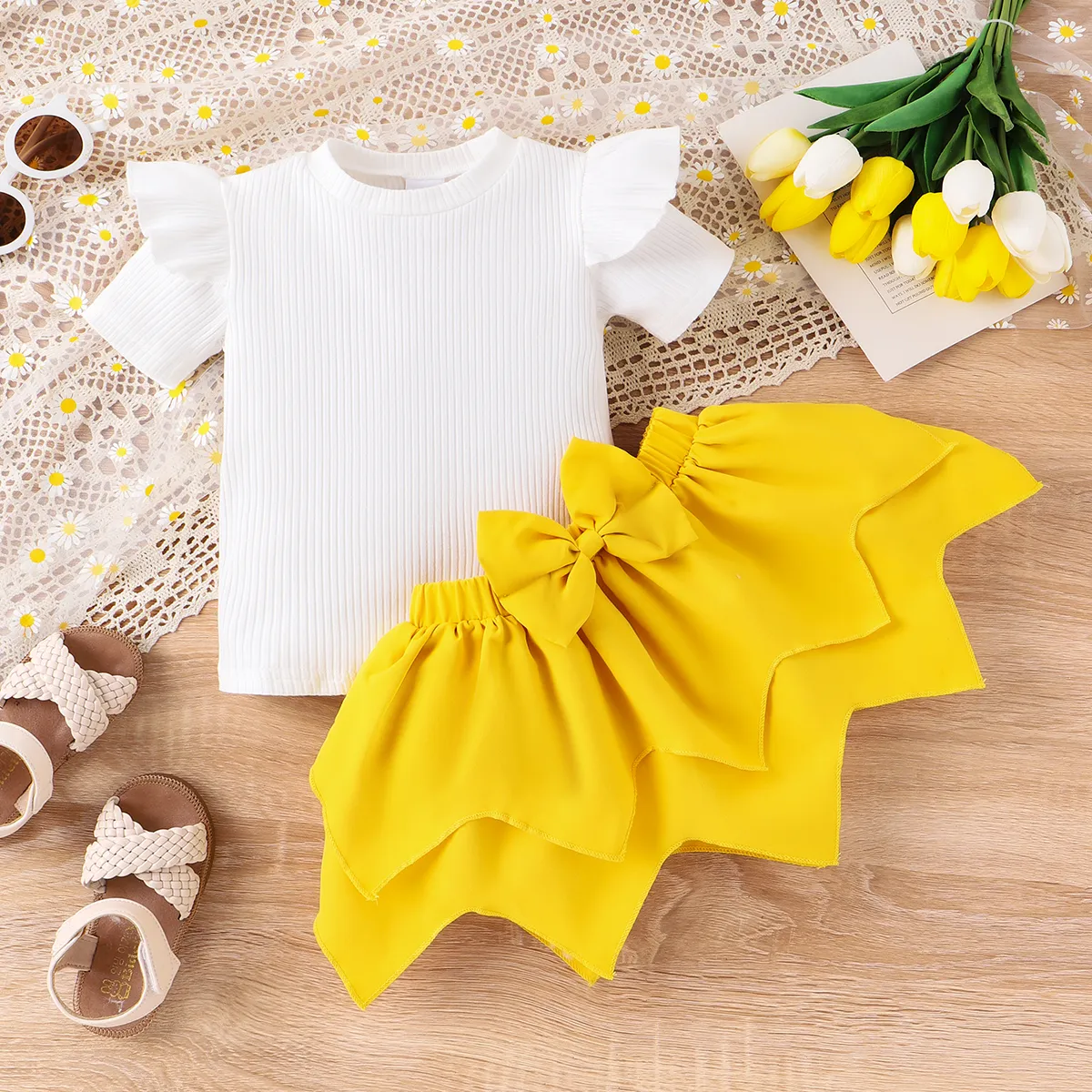 2pcs Toddler Girl Flutter Sleeve Tee and Irregular Skirt Set Yellow big image 1