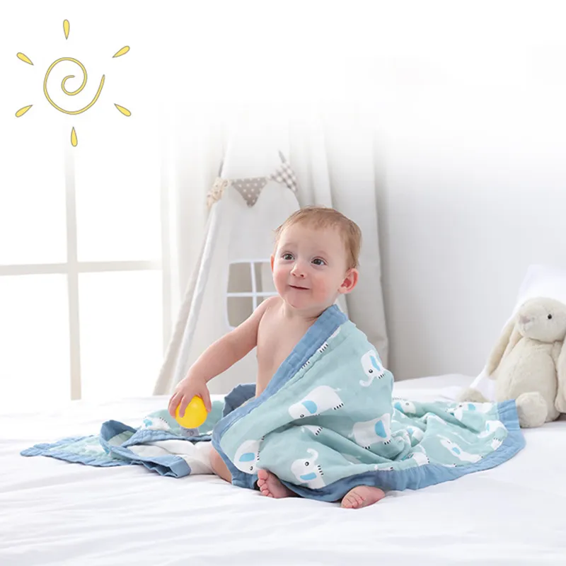 Manta de algodón para recién nacido con lindo diseño de patrón de elefante, cómoda y agradable para la piel  Azul big image 1