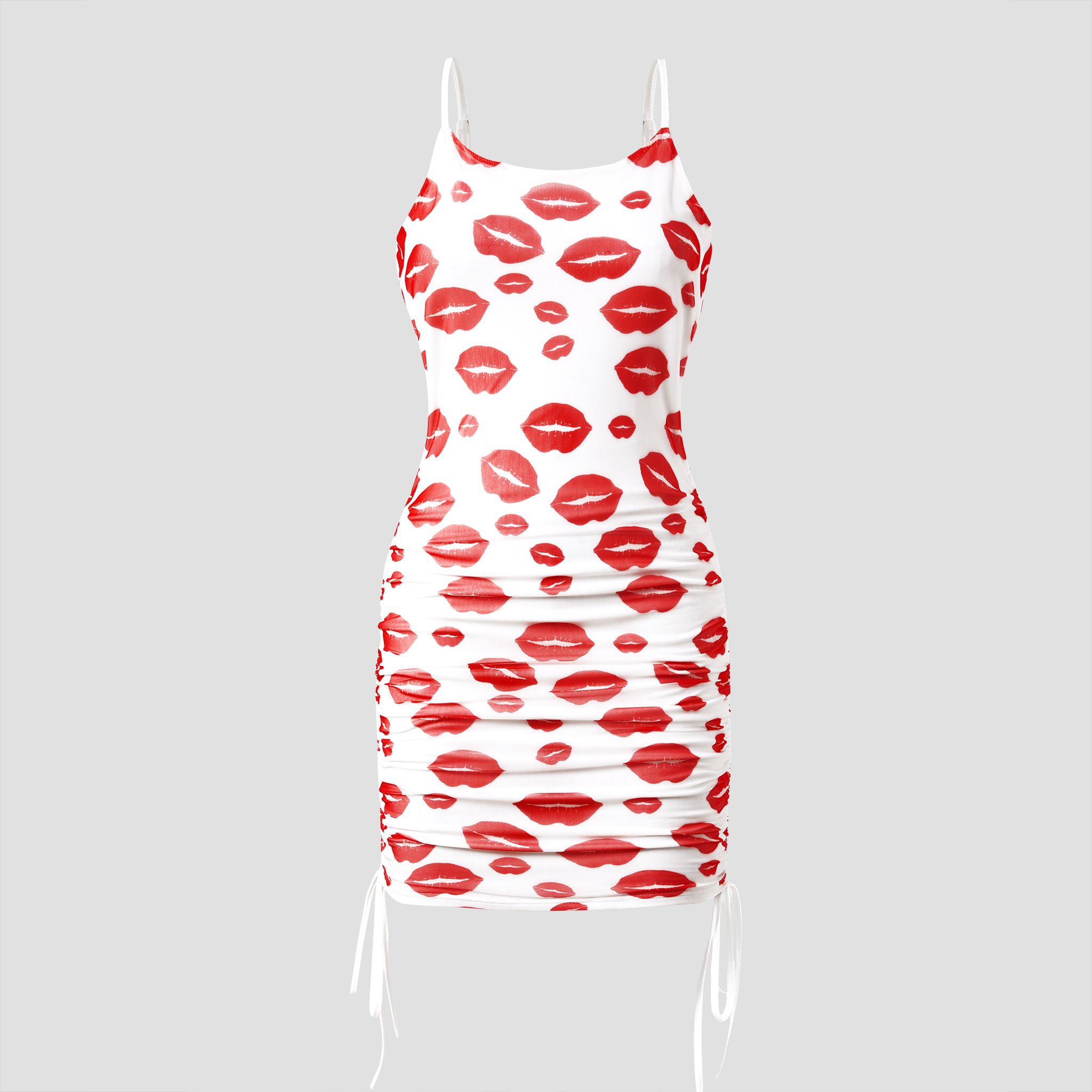 Valentine's Day Family Matching Solid Color Raglan-Sleeve Tee And Red Lip Print Bodycon Ruched Drawstring Mesh Strap Dress Sets