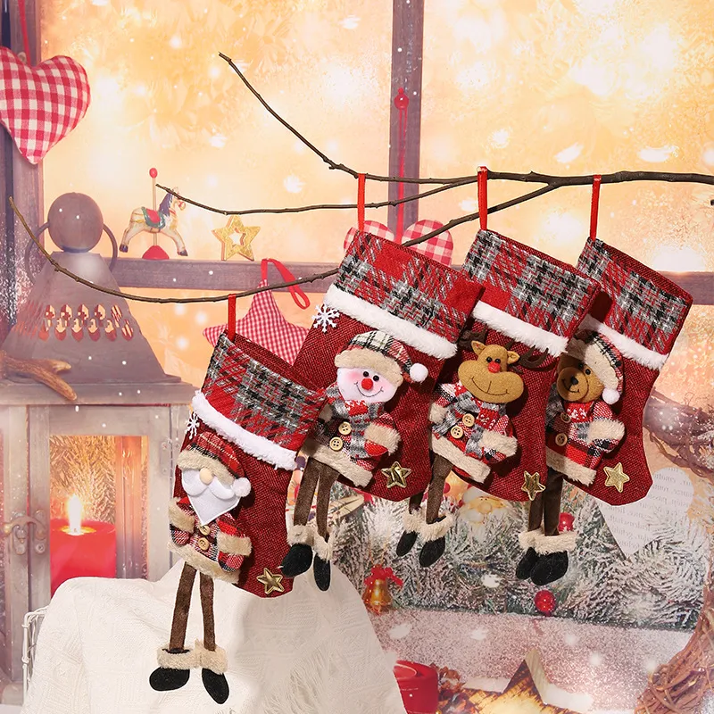 Checkered Christmas Stocking - Decorative Gift Bag for Children with Santa Claus Design, Ideal for Candy and Presents Blue image 2