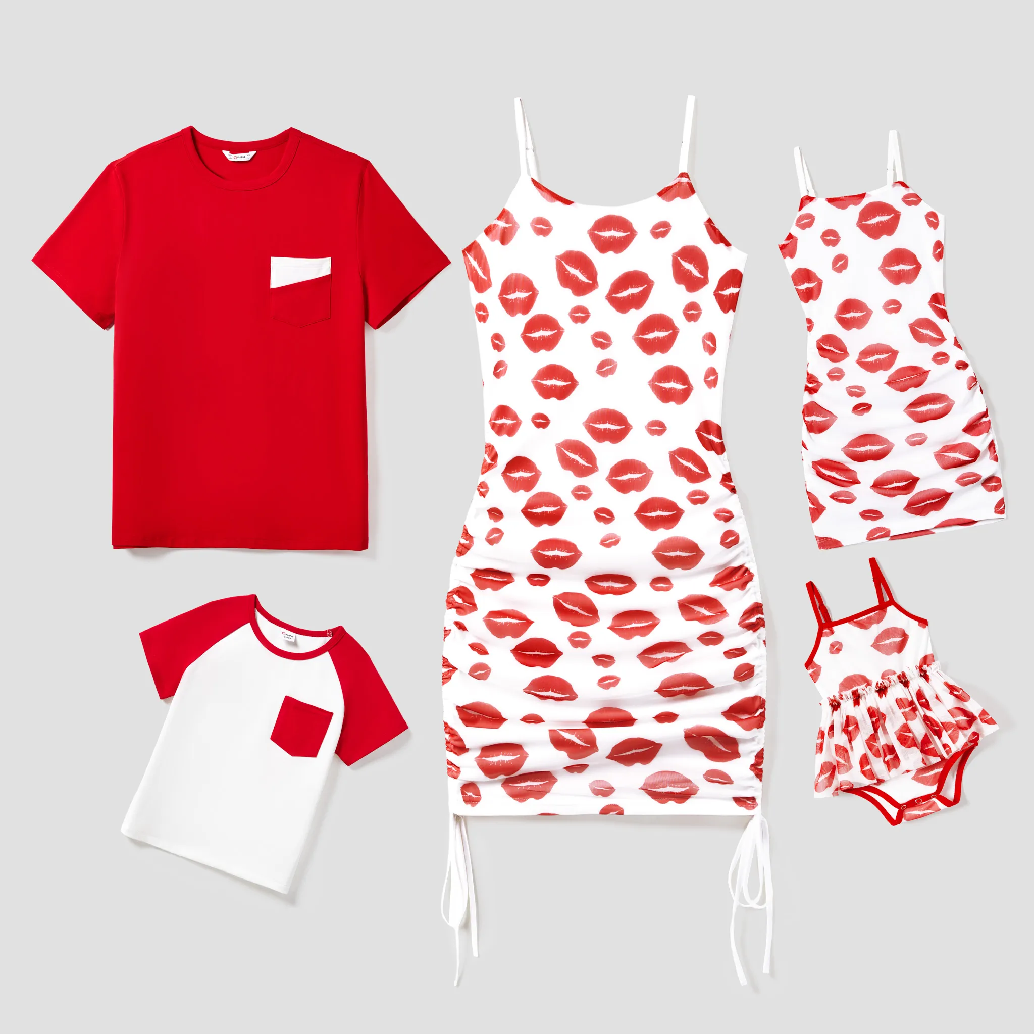 Valentine's Day Family Matching Solid Color Raglan-Sleeve Tee and Red Lip Print Bodycon Ruched Drawstring Mesh Strap Dress Sets