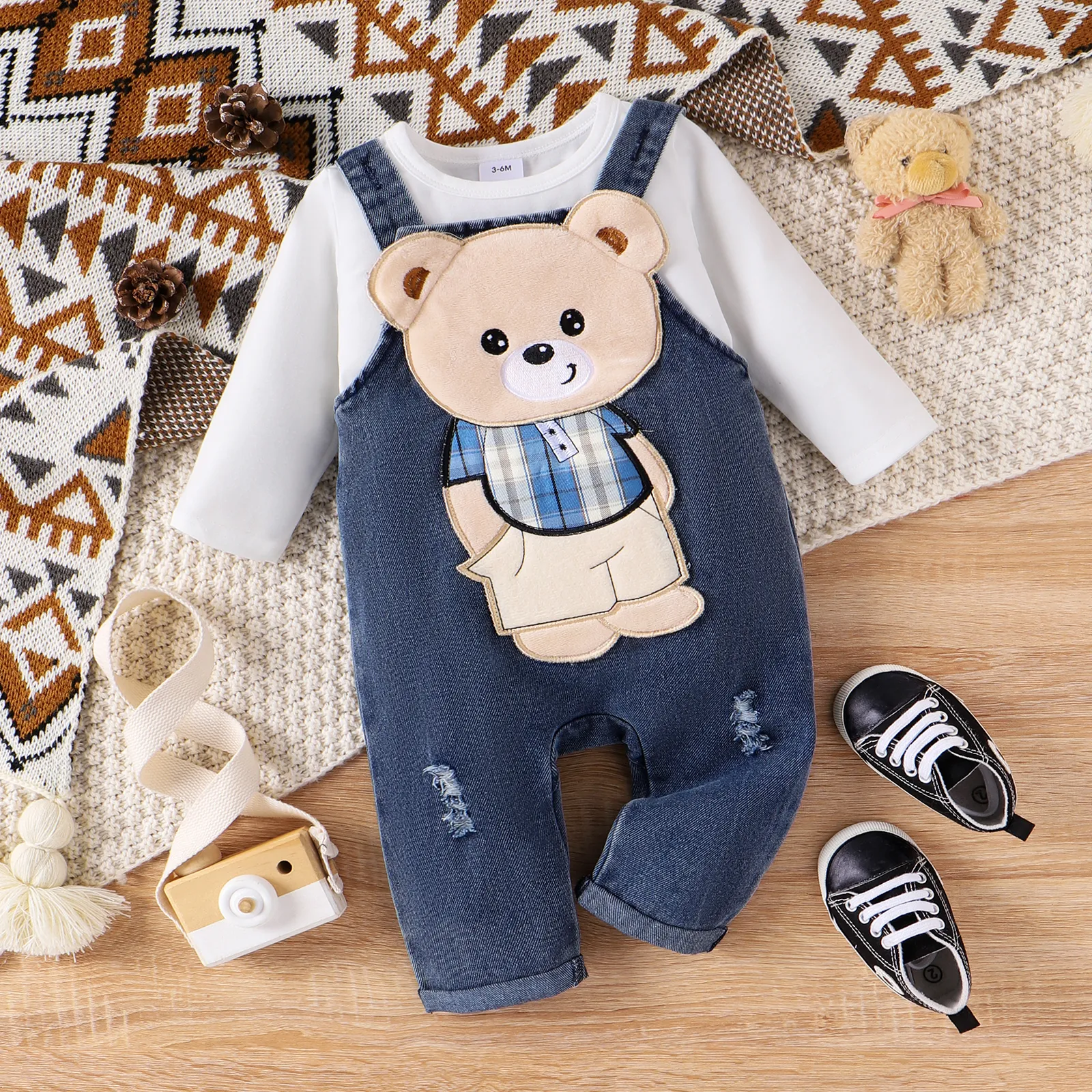 2pcs Baby Boy Bear Print Denim Set