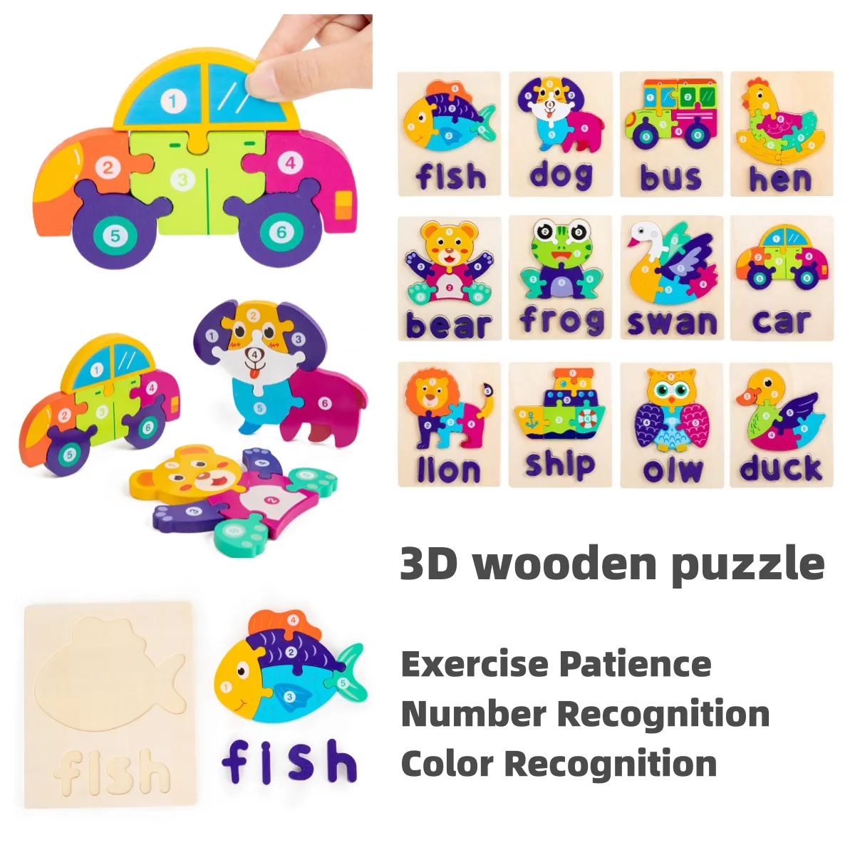 Wooden Cartoon Numbers and Letters Puzzle Toy for Early Learning and Word Recognition