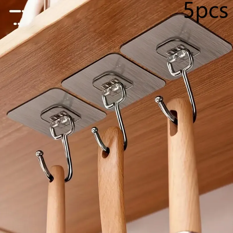 Pack of 5 Adhesive Wall Hooks - Drill-Free, Wall-Friendly