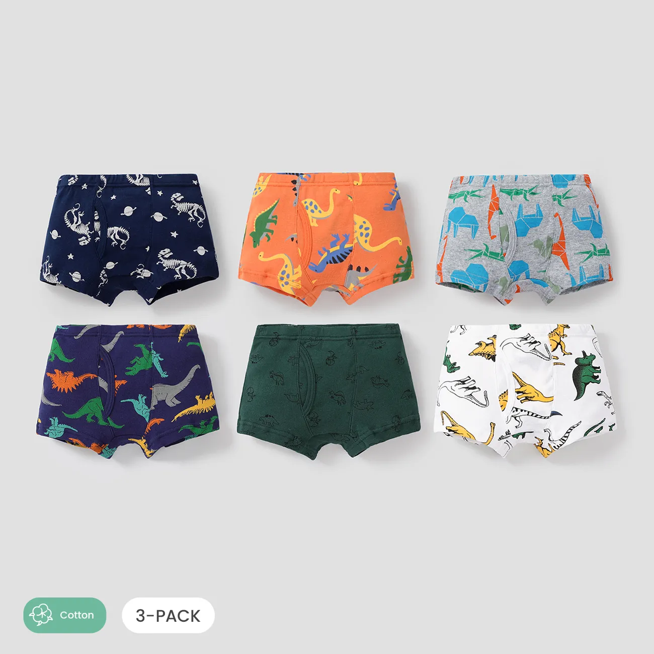 3pcs Toddler/Kid Boy Dinosaur Pattern Cotton Underwear Set Color block big image 1