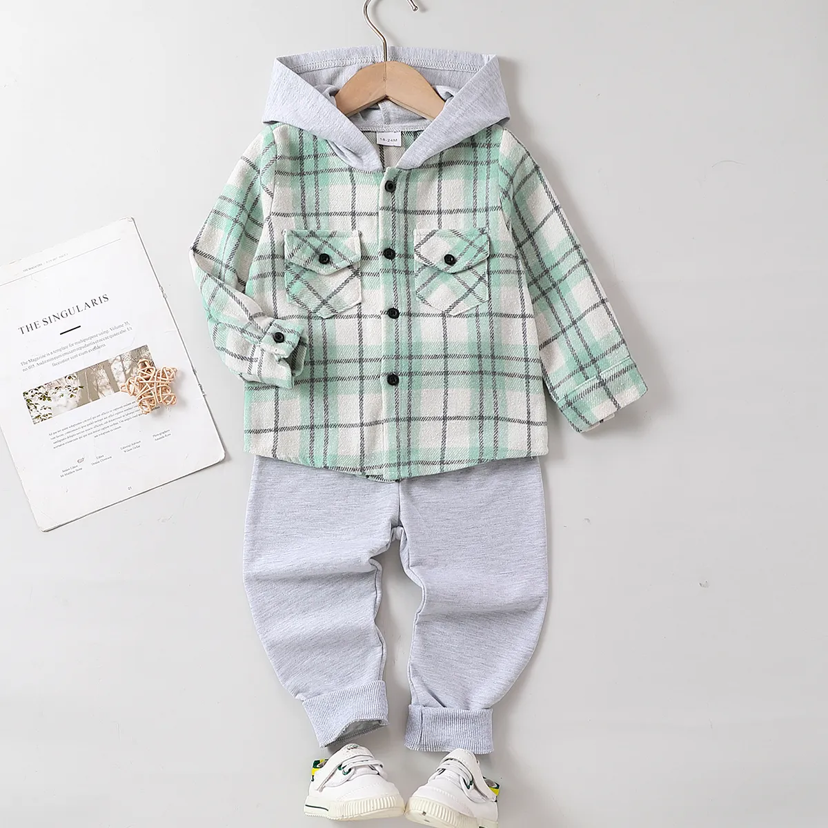 2pcs Baby/Toddler Girl/Boy  Grid Avant-garde Set with Lapel Green