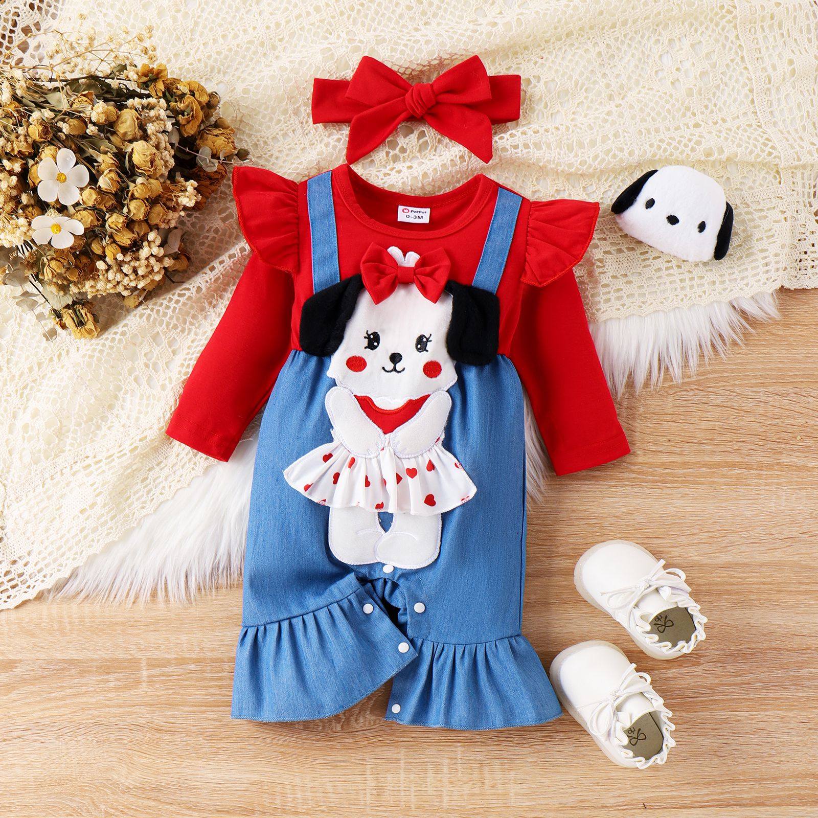 2pcs Baby Girl Hyper-Tactile Puppy Pattern Color-block Jumpsuit