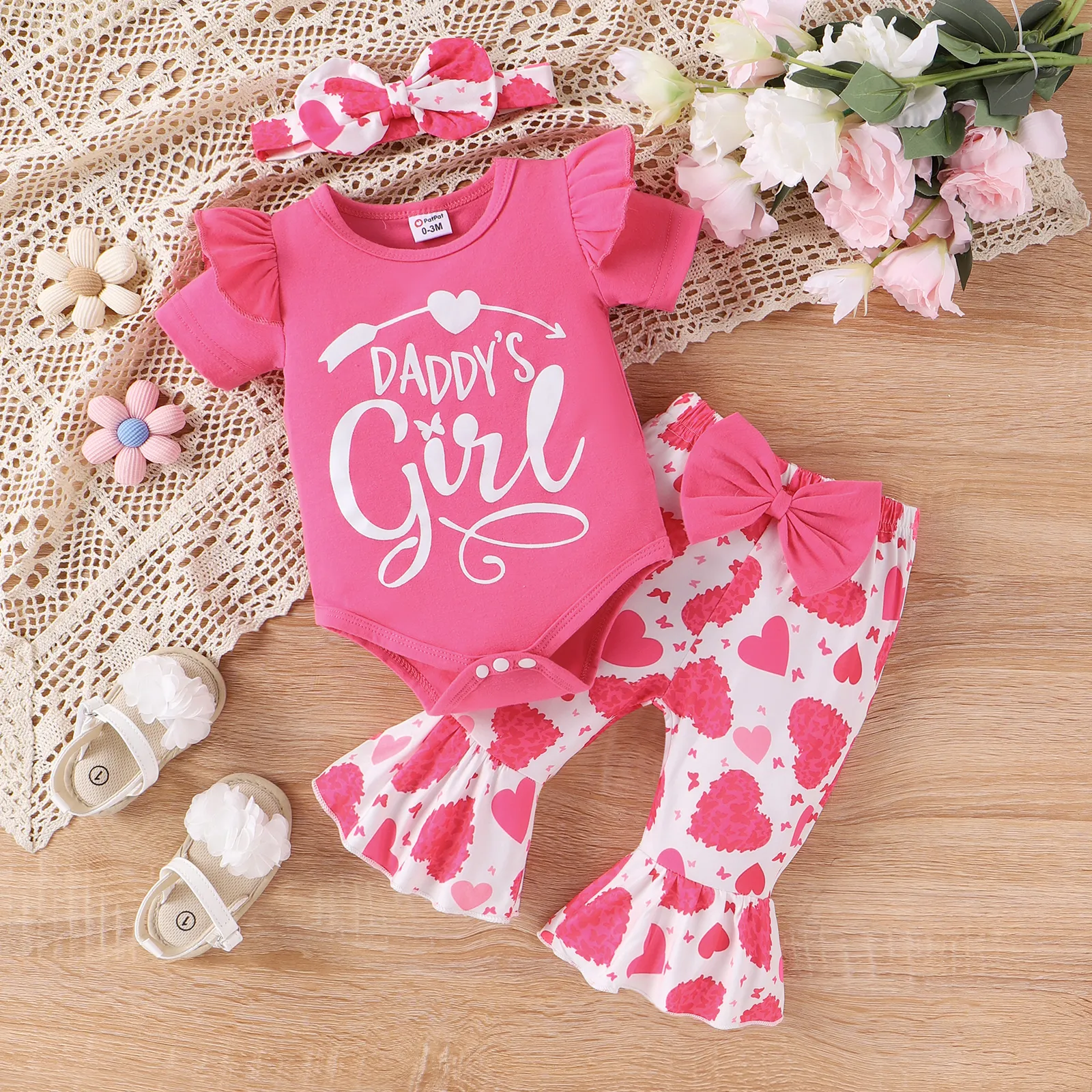 Juego de 3 piezas de pelele de letras de algodón dulce para bebé niña y pantalones con estampado de corazón