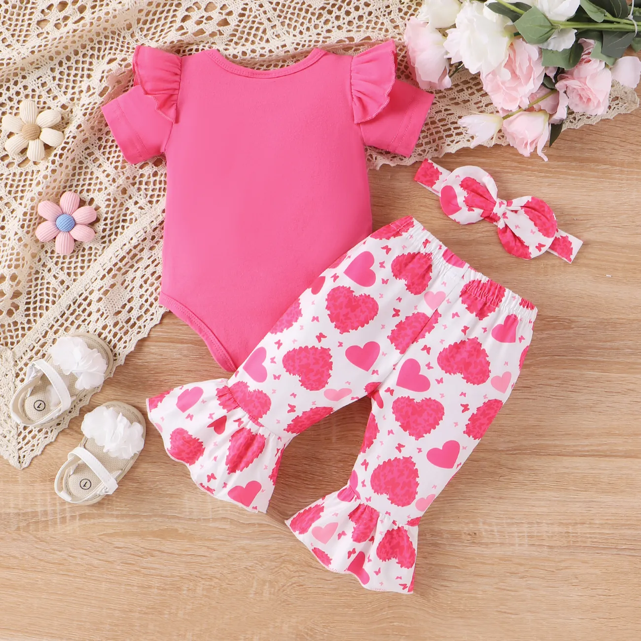3pcs Baby Girl Sweet Cotton Letter Romper and Heart Print Pants Set Hot Pink big image 1